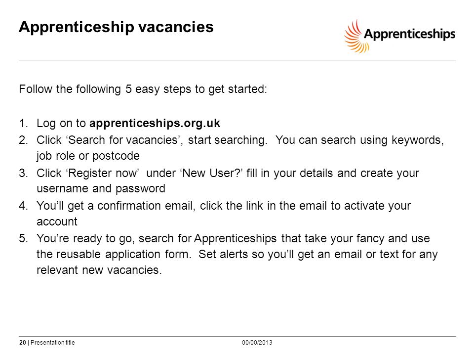 20 | Presentation title Apprenticeship vacancies Follow the following 5 easy steps to get started: 1.Log on to apprenticeships.org.uk 2.Click ‘Search for vacancies’, start searching.