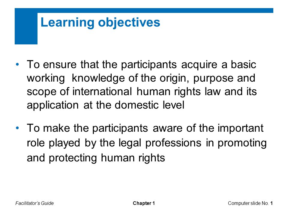 Chapter 1 Learning objectives To ensure that the participants acquire a basic working knowledge of the origin, purpose and scope of international human rights law and its application at the domestic level To make the participants aware of the important role played by the legal professions in promoting and protecting human rights Computer slide No.