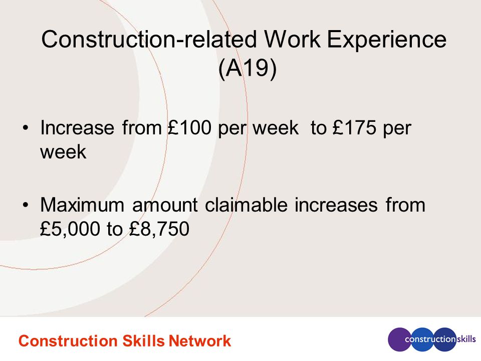 Construction Skills Network Increase from £100 per week to £175 per week Maximum amount claimable increases from £5,000 to £8,750 Construction-related Work Experience (A19)
