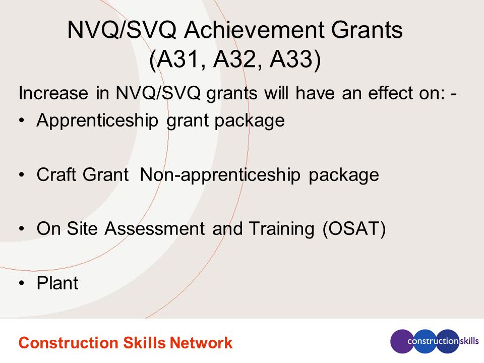 Construction Skills Network NVQ/SVQ Achievement Grants (A31, A32, A33) Increase in NVQ/SVQ grants will have an effect on: - Apprenticeship grant package Craft Grant Non-apprenticeship package On Site Assessment and Training (OSAT) Plant