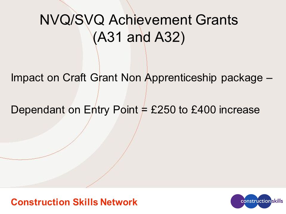 Construction Skills Network NVQ/SVQ Achievement Grants (A31 and A32) Impact on Craft Grant Non Apprenticeship package – Dependant on Entry Point = £250 to £400 increase