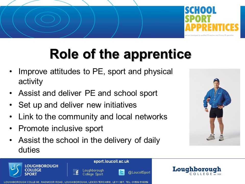 Role of the apprentice Improve attitudes to PE, sport and physical activity Assist and deliver PE and school sport Set up and deliver new initiatives Link to the community and local networks Promote inclusive sport Assist the school in the delivery of daily duties