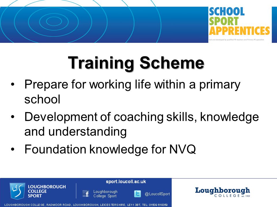 Training Scheme Prepare for working life within a primary school Development of coaching skills, knowledge and understanding Foundation knowledge for NVQ