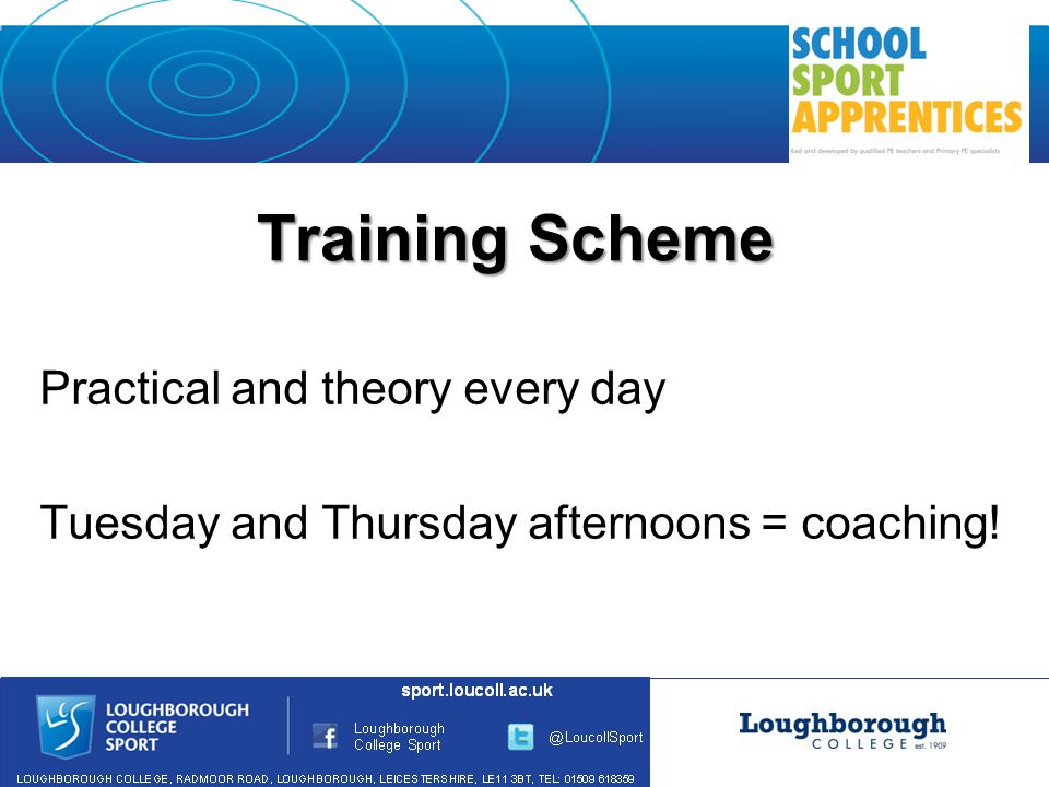 Training Scheme Practical and theory every day Tuesday and Thursday afternoons = coaching!