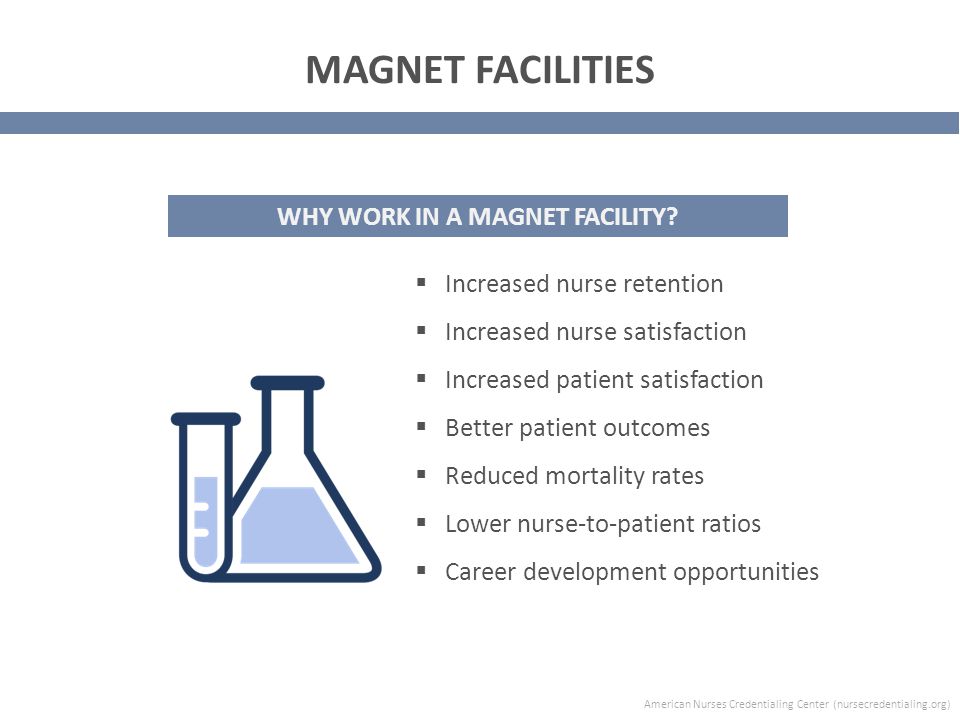  Increased nurse retention  Increased nurse satisfaction  Increased patient satisfaction  Better patient outcomes  Reduced mortality rates  Lower nurse-to-patient ratios  Career development opportunities WHY WORK IN A MAGNET FACILITY.