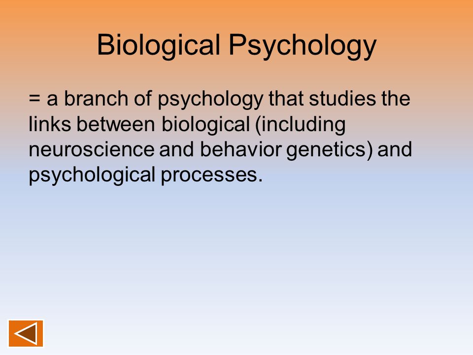 Biological Psychology = a branch of psychology that studies the links between biological (including neuroscience and behavior genetics) and psychological processes.