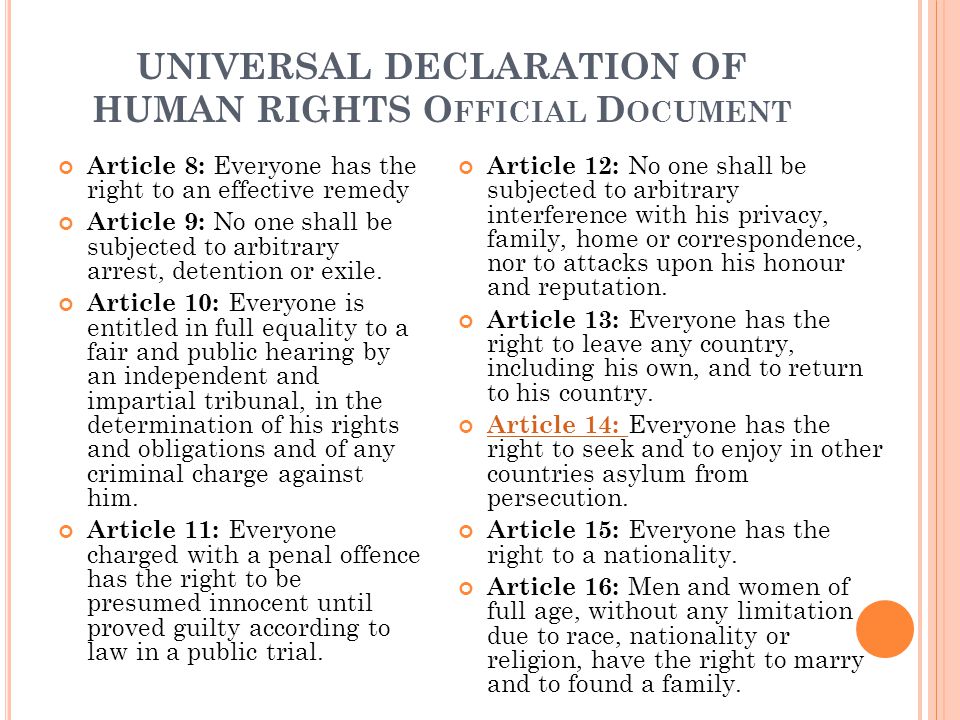 UNIVERSAL DECLARATION OF HUMAN RIGHTS O FFICIAL D OCUMENT Article 8: Everyone has the right to an effective remedy Article 9: No one shall be subjected to arbitrary arrest, detention or exile.