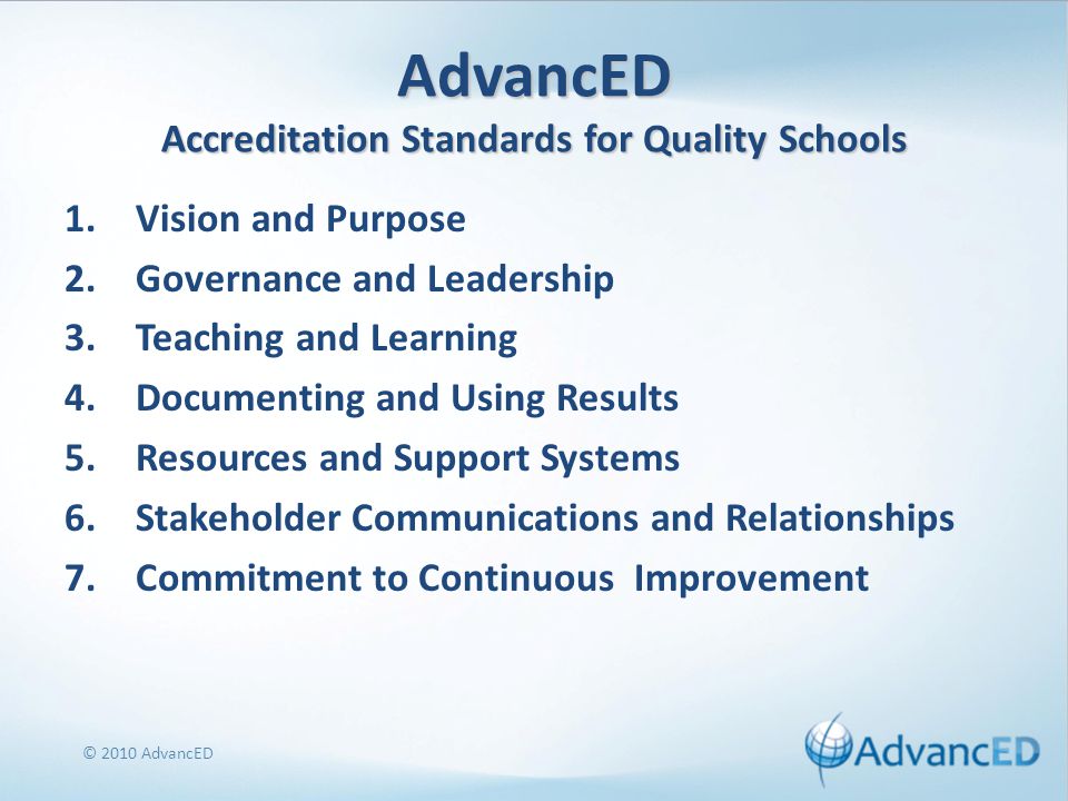 AdvancED Accreditation Standards for Quality Schools 1.Vision and Purpose 2.Governance and Leadership 3.Teaching and Learning 4.Documenting and Using Results 5.Resources and Support Systems 6.Stakeholder Communications and Relationships 7.Commitment to Continuous Improvement © 2010 AdvancED