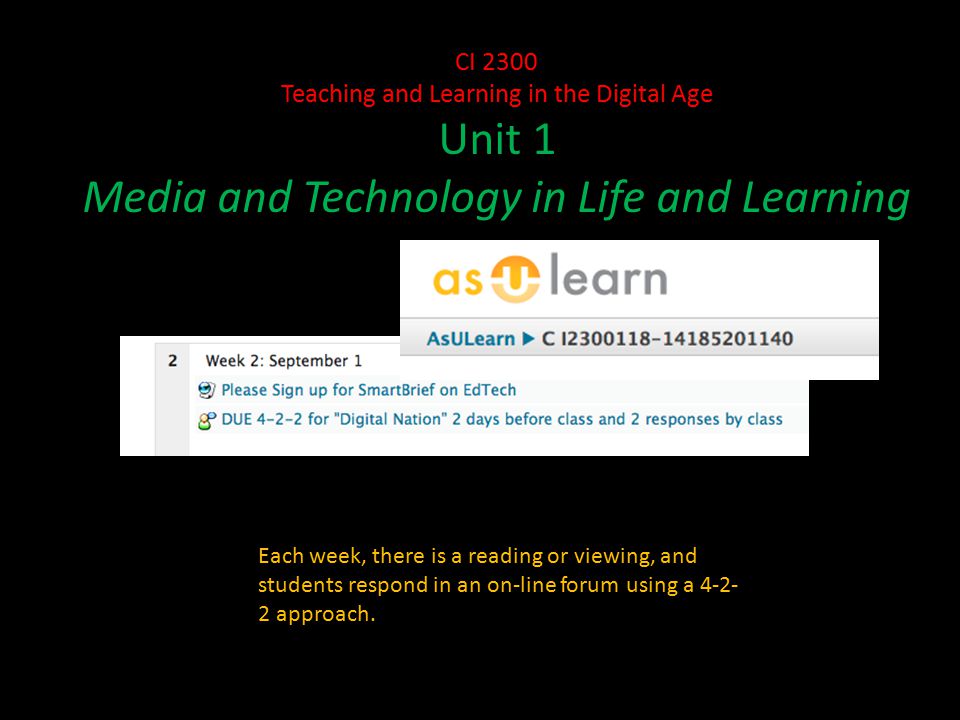 CI 2300 Teaching and Learning in the Digital Age Unit 1 Media and Technology in Life and Learning Each week, there is a reading or viewing, and students respond in an on-line forum using a approach.