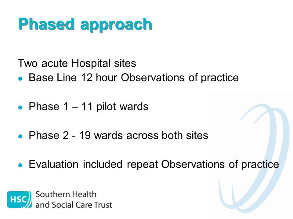 Phased approach Two acute Hospital sites Base Line 12 hour Observations of practice Phase 1 – 11 pilot wards Phase wards across both sites Evaluation included repeat Observations of practice