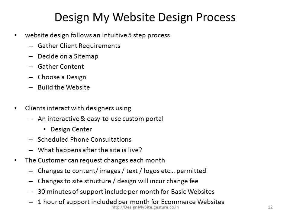 Design My Website Design Process website design follows an intuitive 5 step process – Gather Client Requirements – Decide on a Sitemap – Gather Content – Choose a Design – Build the Website Clients interact with designers using – An interactive & easy-to-use custom portal Design Center – Scheduled Phone Consultations – What happens after the site is live.