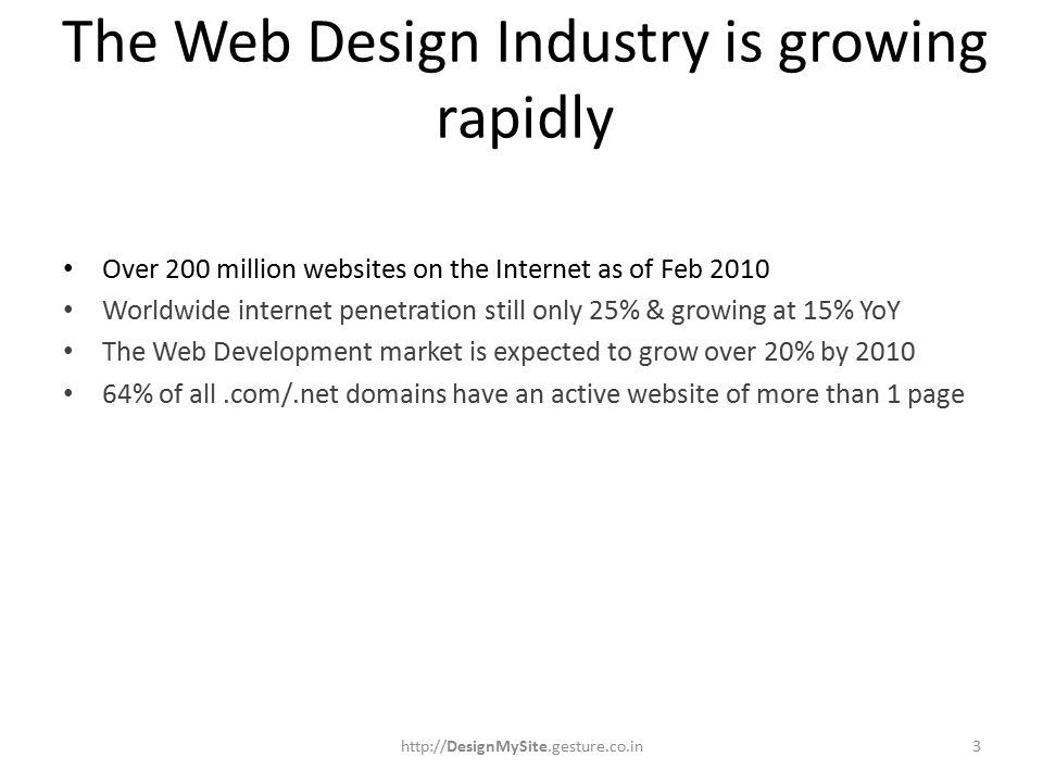 The Web Design Industry is growing rapidly Over 200 million websites on the Internet as of Feb 2010 Worldwide internet penetration still only 25% & growing at 15% YoY The Web Development market is expected to grow over 20% by % of all.com/.net domains have an active website of more than 1 page 3http://DesignMySite.gesture.co.in