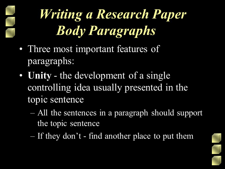 Writing a Research Paper Body Paragraphs Three most important features of paragraphs: Unity - the development of a single controlling idea usually presented in the topic sentence –All the sentences in a paragraph should support the topic sentence –If they don’t - find another place to put them