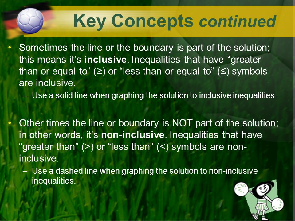 Key Concepts: Inequalities have infinitely many solutions and all the solutions need to be represented.