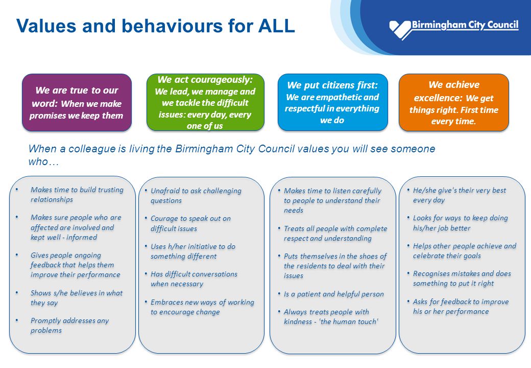 2 Values and behaviours for ALL We are true to our word: When we make promises we keep them We act courageously: We lead, we manage and we tackle the difficult issues: every day, every one of us We put citizens first: We are empathetic and respectful in everything we do We achieve excellence: We get things right.