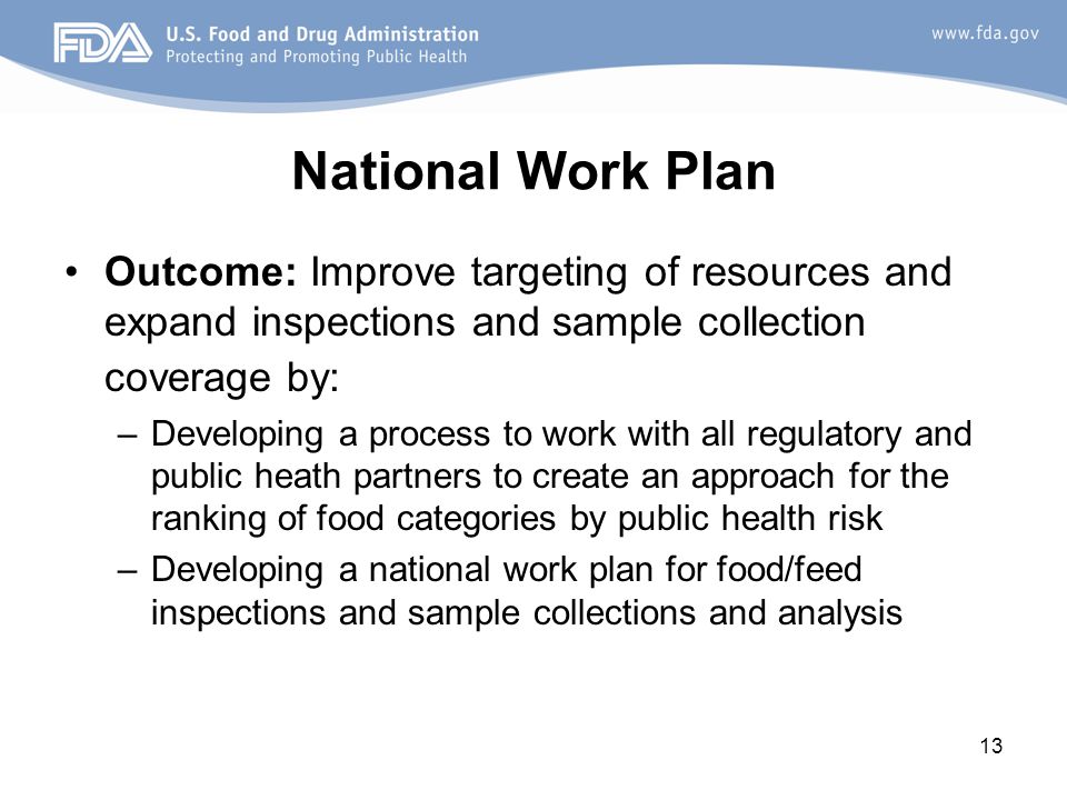 13 National Work Plan Outcome: Improve targeting of resources and expand inspections and sample collection coverage by: –Developing a process to work with all regulatory and public heath partners to create an approach for the ranking of food categories by public health risk –Developing a national work plan for food/feed inspections and sample collections and analysis