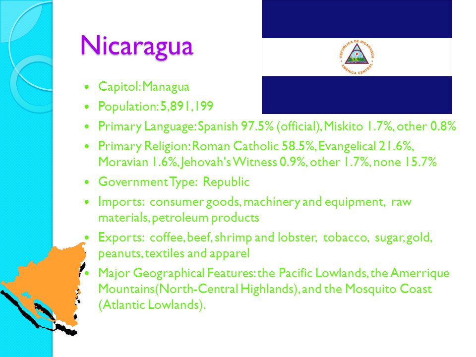 Nicaragua Capitol: Managua Population: 5,891,199 Primary Language: Spanish 97.5% (official), Miskito 1.7%, other 0.8% Primary Religion: Roman Catholic 58.5%, Evangelical 21.6%, Moravian 1.6%, Jehovah s Witness 0.9%, other 1.7%, none 15.7% Government Type: Republic Imports: consumer goods, machinery and equipment, raw materials, petroleum products Exports: coffee, beef, shrimp and lobster, tobacco, sugar, gold, peanuts, textiles and apparel Major Geographical Features: the Pacific Lowlands, the Amerrique Mountains(North-Central Highlands), and the Mosquito Coast (Atlantic Lowlands).