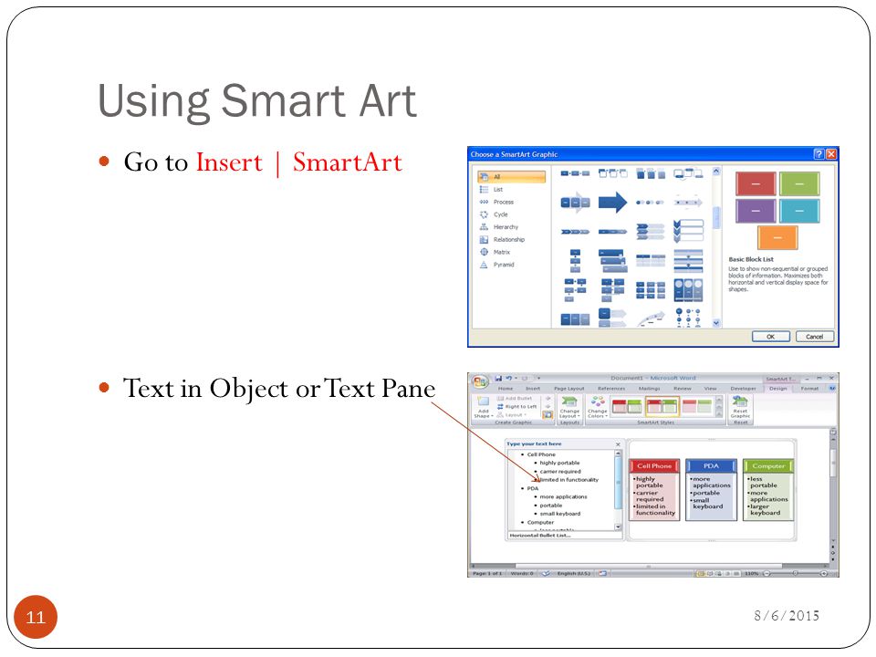 Using Smart Art Go to Insert | SmartArt Text in Object or Text Pane 8/6/