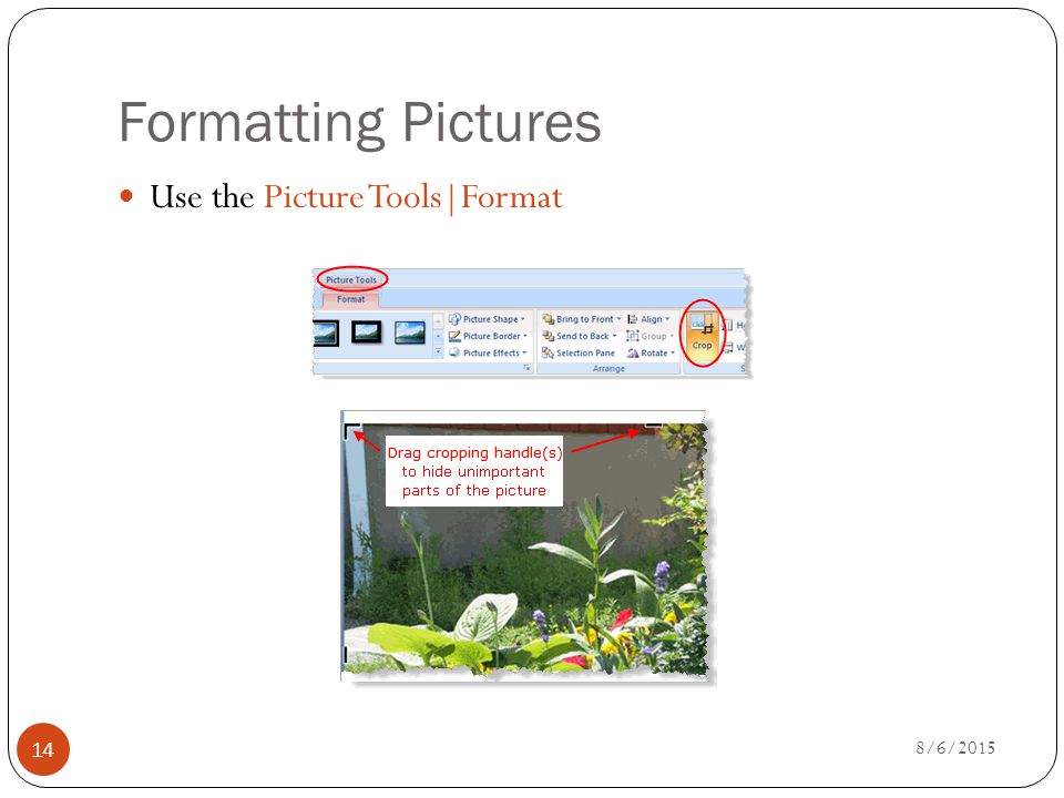 Formatting Pictures 8/6/ Use the Picture Tools|Format