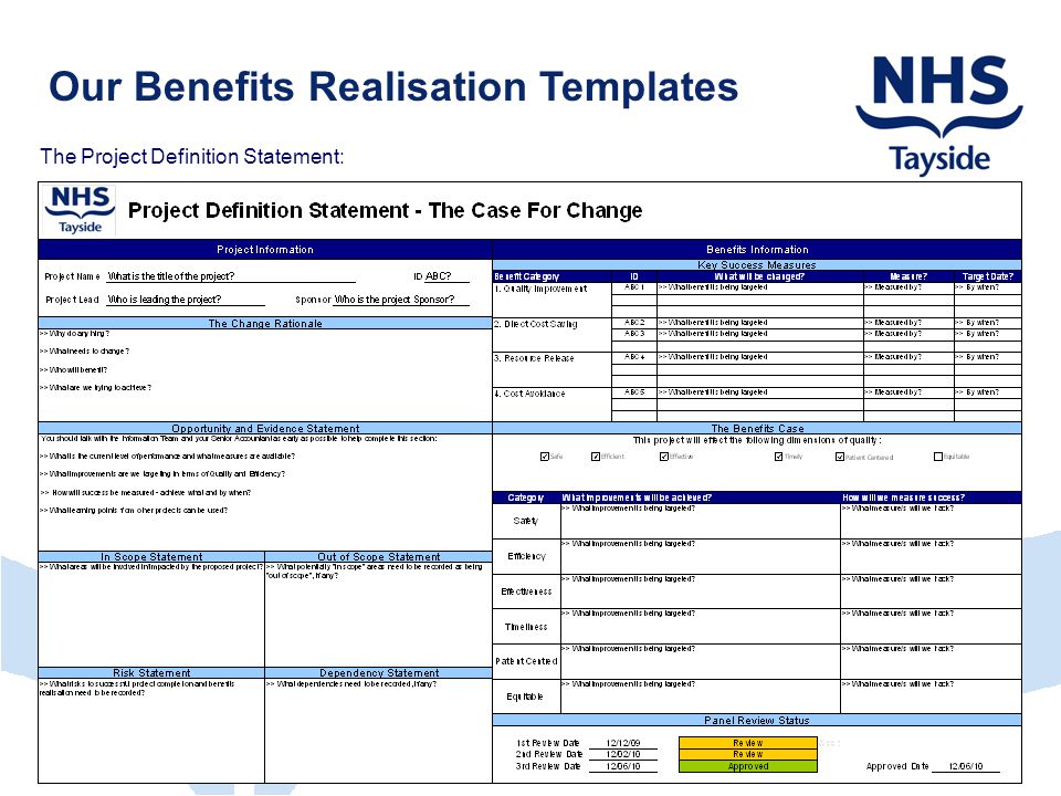 Our Benefits Realisation Templates The Project Definition Statement: