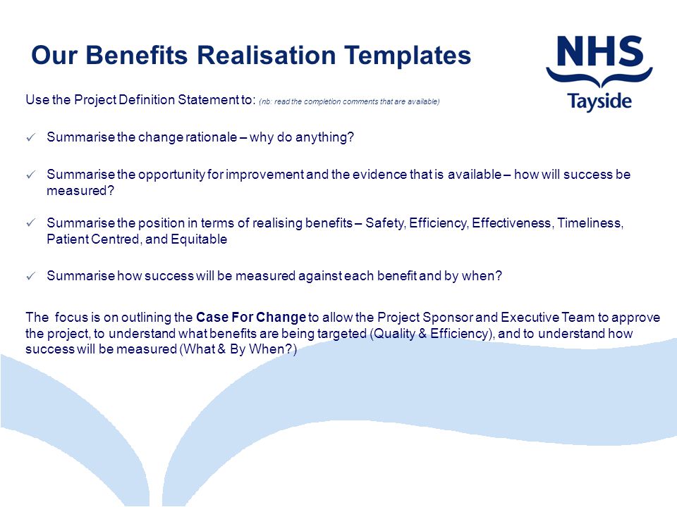 Our Benefits Realisation Templates Use the Project Definition Statement to: (nb: read the completion comments that are available) Summarise the change rationale – why do anything.