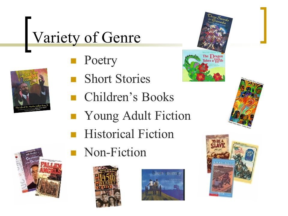 Variety of Genre Poetry Short Stories Children’s Books Young Adult Fiction Historical Fiction Non-Fiction