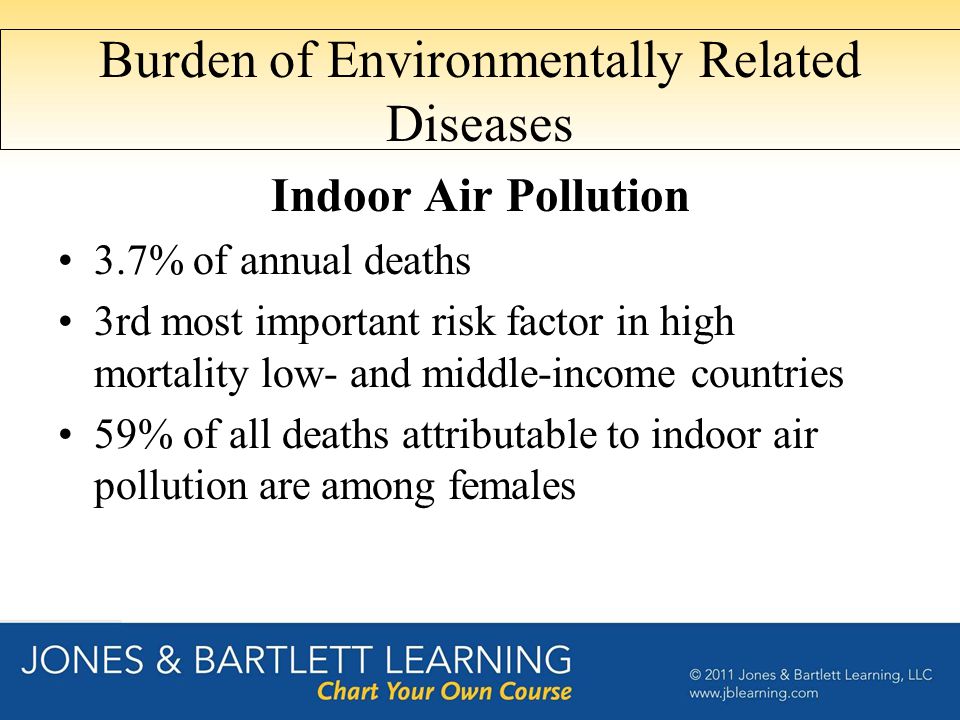Burden of Environmentally Related Diseases Indoor Air Pollution 3.7% of annual deaths 3rd most important risk factor in high mortality low- and middle-income countries 59% of all deaths attributable to indoor air pollution are among females