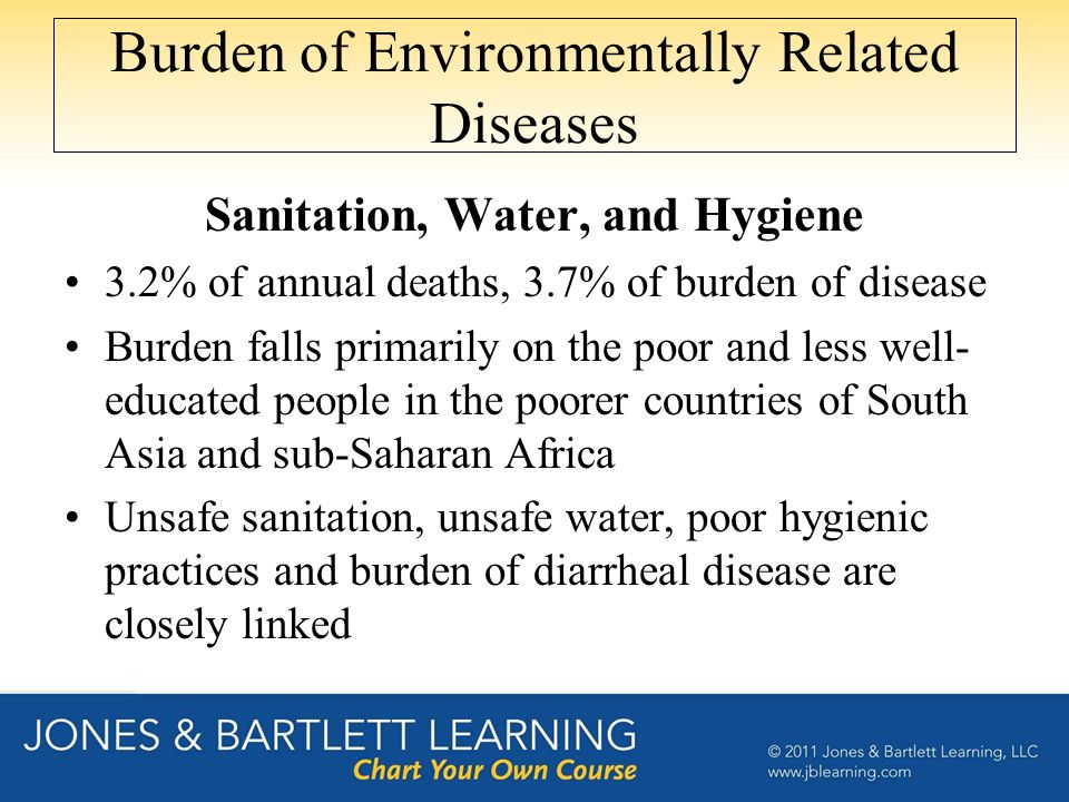 Burden of Environmentally Related Diseases Sanitation, Water, and Hygiene 3.2% of annual deaths, 3.7% of burden of disease Burden falls primarily on the poor and less well- educated people in the poorer countries of South Asia and sub-Saharan Africa Unsafe sanitation, unsafe water, poor hygienic practices and burden of diarrheal disease are closely linked