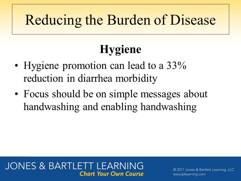 Reducing the Burden of Disease Hygiene Hygiene promotion can lead to a 33% reduction in diarrhea morbidity Focus should be on simple messages about handwashing and enabling handwashing