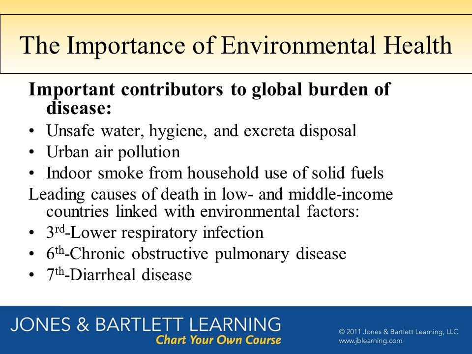 The Importance of Environmental Health Important contributors to global burden of disease: Unsafe water, hygiene, and excreta disposal Urban air pollution Indoor smoke from household use of solid fuels Leading causes of death in low- and middle-income countries linked with environmental factors: 3 rd -Lower respiratory infection 6 th -Chronic obstructive pulmonary disease 7 th -Diarrheal disease