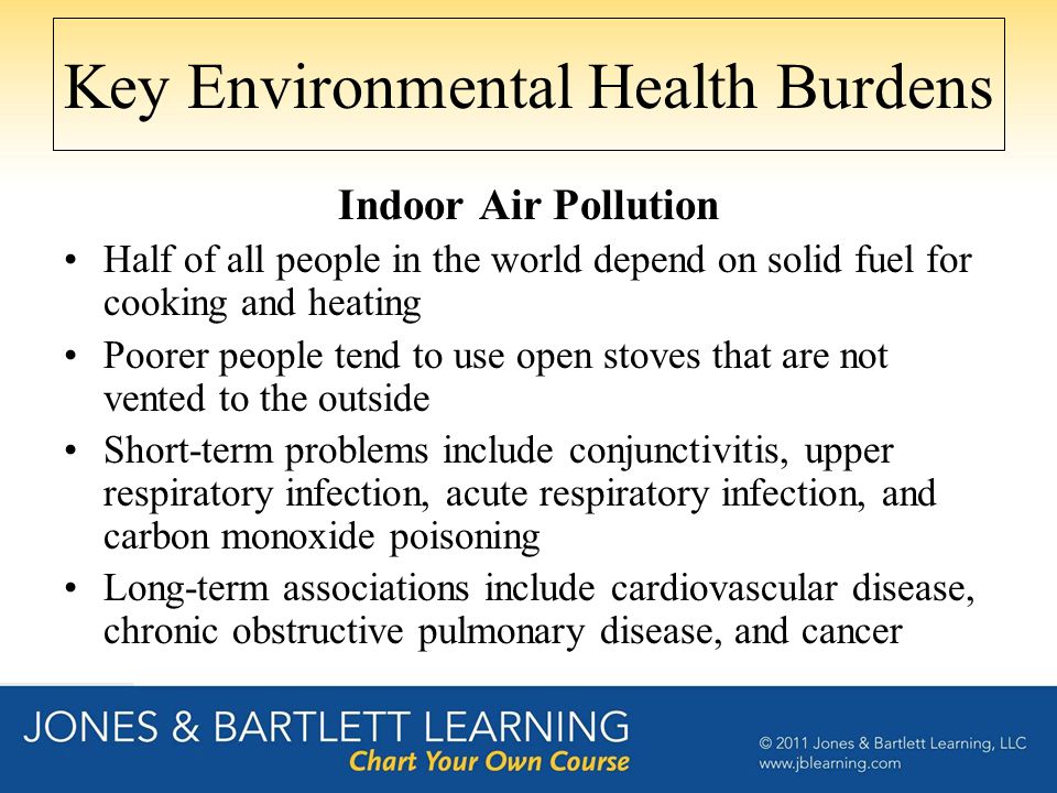 Key Environmental Health Burdens Indoor Air Pollution Half of all people in the world depend on solid fuel for cooking and heating Poorer people tend to use open stoves that are not vented to the outside Short-term problems include conjunctivitis, upper respiratory infection, acute respiratory infection, and carbon monoxide poisoning Long-term associations include cardiovascular disease, chronic obstructive pulmonary disease, and cancer