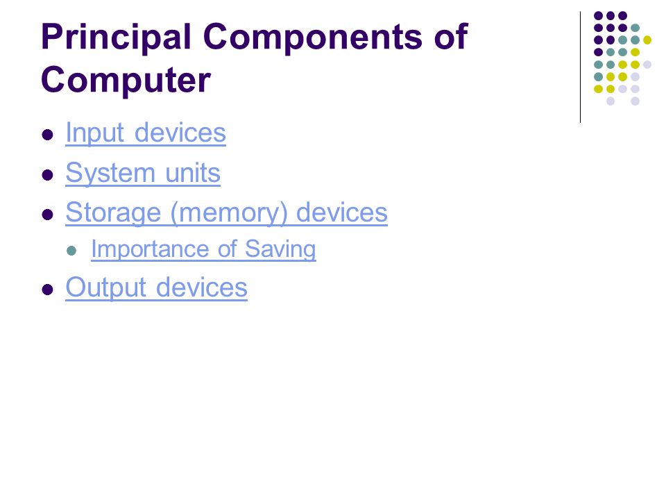 Principal Components of Computer Input devices System units Storage (memory) devices Importance of Saving Output devices