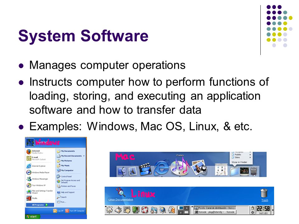 System Software Manages computer operations Instructs computer how to perform functions of loading, storing, and executing an application software and how to transfer data Examples: Windows, Mac OS, Linux, & etc.