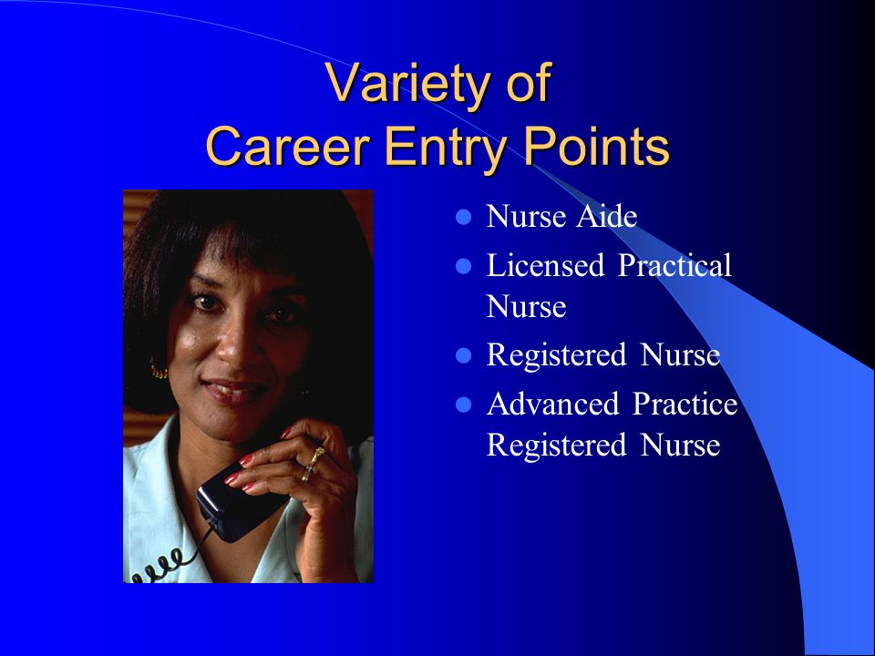 Variety of Career Entry Points Nurse Aide Licensed Practical Nurse Registered Nurse Advanced Practice Registered Nurse
