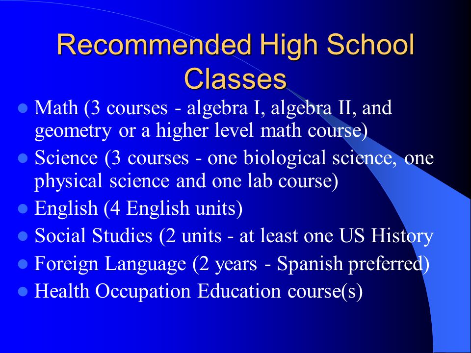 Recommended High School Classes Math (3 courses - algebra I, algebra II, and geometry or a higher level math course) Science (3 courses - one biological science, one physical science and one lab course) English (4 English units) Social Studies (2 units - at least one US History Foreign Language (2 years - Spanish preferred) Health Occupation Education course(s)