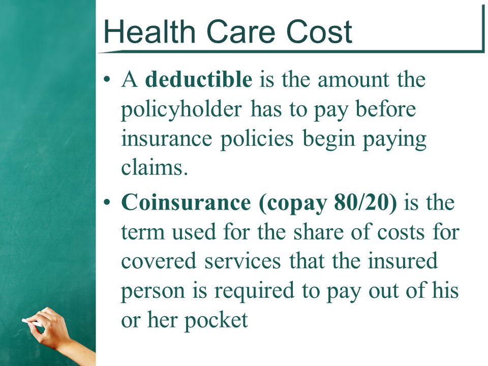 Health Care Cost A deductible is the amount the policyholder has to pay before insurance policies begin paying claims.