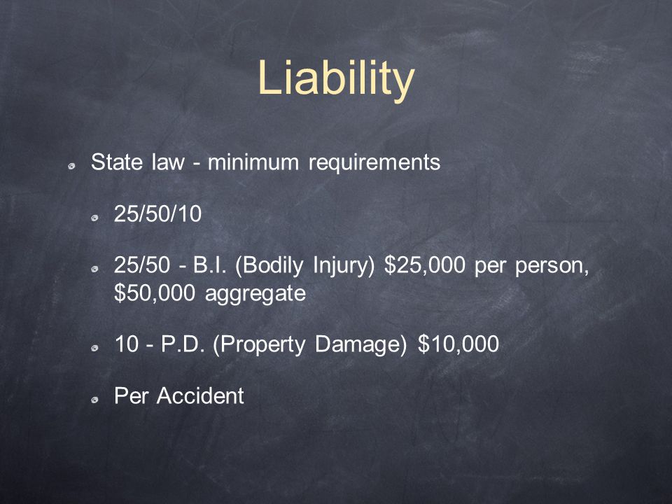 Liability State law - minimum requirements 25/50/10 25/50 - B.I.