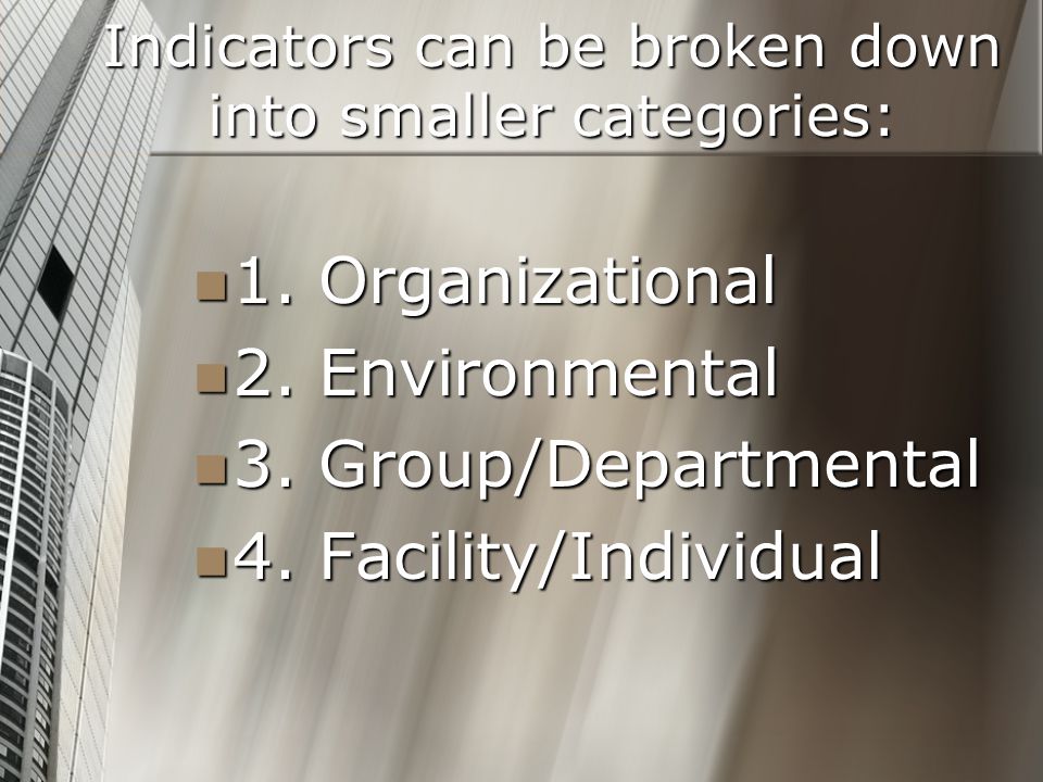 Indicators can be broken down into smaller categories: 1.