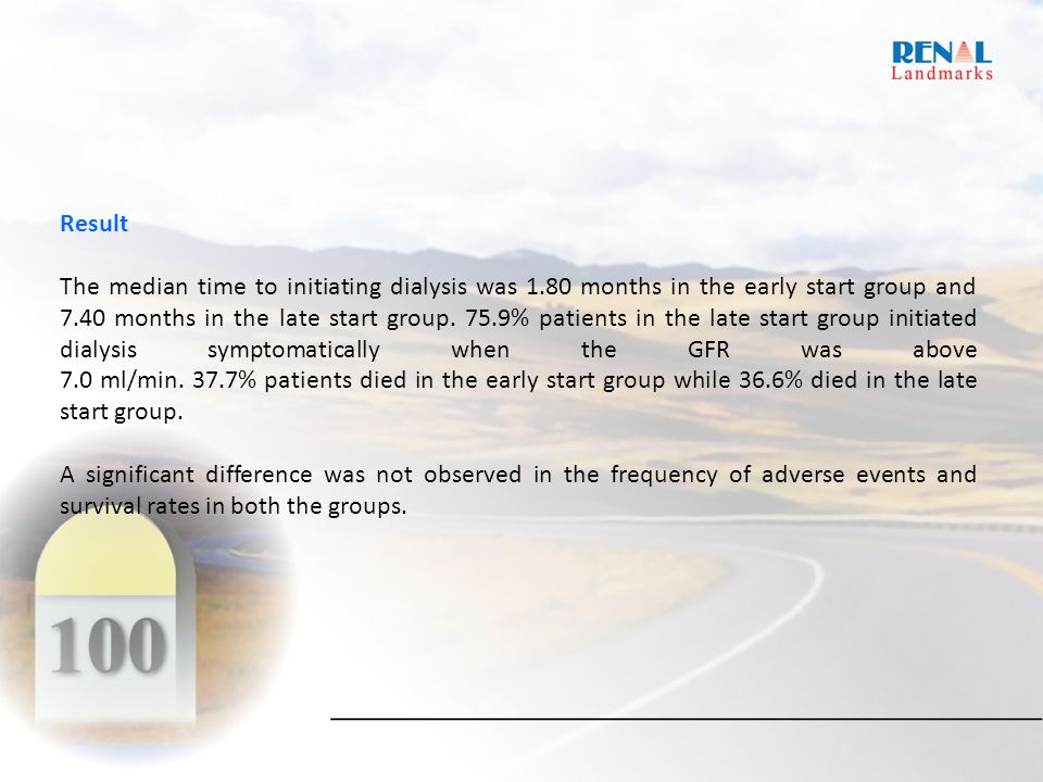 Result The median time to initiating dialysis was 1.80 months in the early start group and 7.40 months in the late start group.