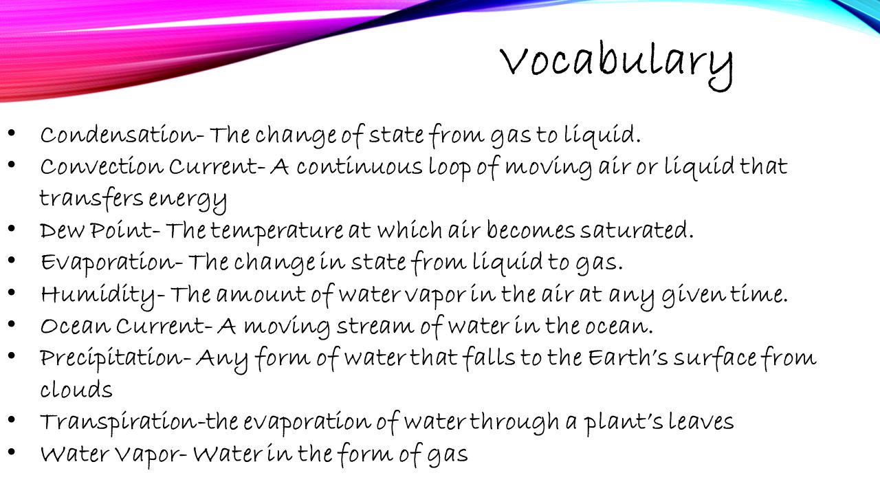 Vocabulary Condensation- The change of state from gas to liquid.