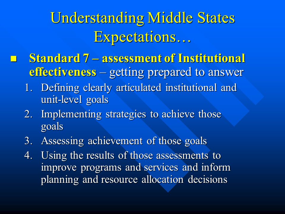 Understanding Middle States Expectations… Standard 7 – assessment of Institutional effectiveness – getting prepared to answer Standard 7 – assessment of Institutional effectiveness – getting prepared to answer 1.Defining clearly articulated institutional and unit-level goals 2.Implementing strategies to achieve those goals 3.Assessing achievement of those goals 4.Using the results of those assessments to improve programs and services and inform planning and resource allocation decisions