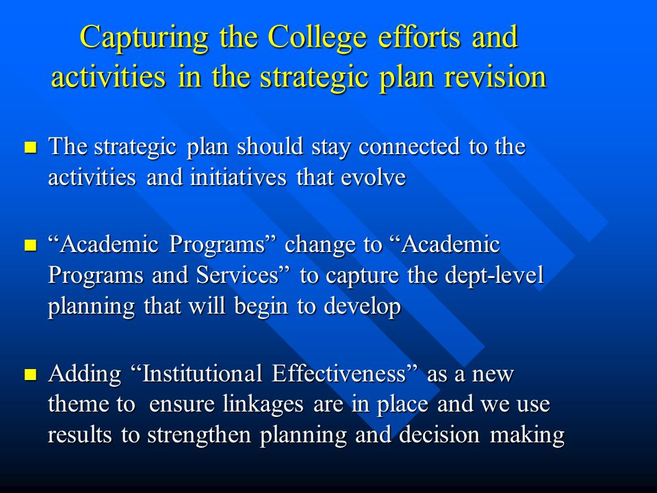 Capturing the College efforts and activities in the strategic plan revision The strategic plan should stay connected to the activities and initiatives that evolve The strategic plan should stay connected to the activities and initiatives that evolve Academic Programs change to Academic Programs and Services to capture the dept-level planning that will begin to develop Academic Programs change to Academic Programs and Services to capture the dept-level planning that will begin to develop Adding Institutional Effectiveness as a new theme to ensure linkages are in place and we use results to strengthen planning and decision making Adding Institutional Effectiveness as a new theme to ensure linkages are in place and we use results to strengthen planning and decision making
