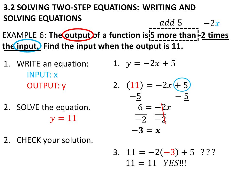 3.2 SOLVING TWO-STEP EQUATIONS: WRITING AND SOLVING EQUATIONS EXAMPLE 6:The output of a function is 5 more than -2 times the input.