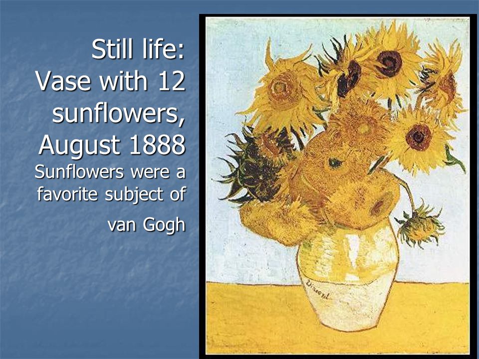 Still life: Vase with 12 sunflowers, August 1888 Sunflowers were a favorite subject of van Gogh