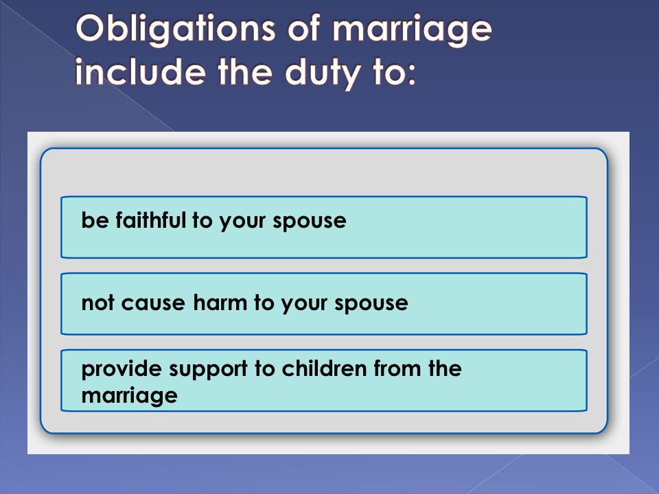 be faithful to your spouse not cause harm to your spouse provide support to children from the marriage