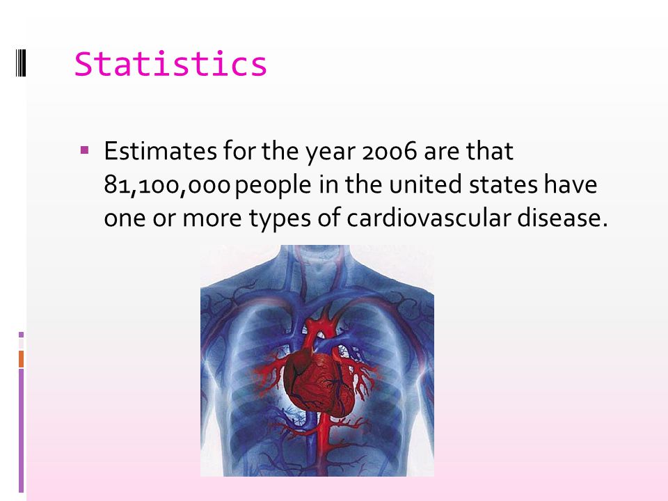 Statistics  Estimates for the year 2006 are that 81,100,000 people in the united states have one or more types of cardiovascular disease.