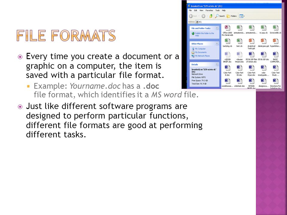  Every time you create a document or a graphic on a computer, the item is saved with a particular file format.