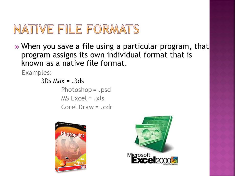  When you save a file using a particular program, that program assigns its own individual format that is known as a native file format.
