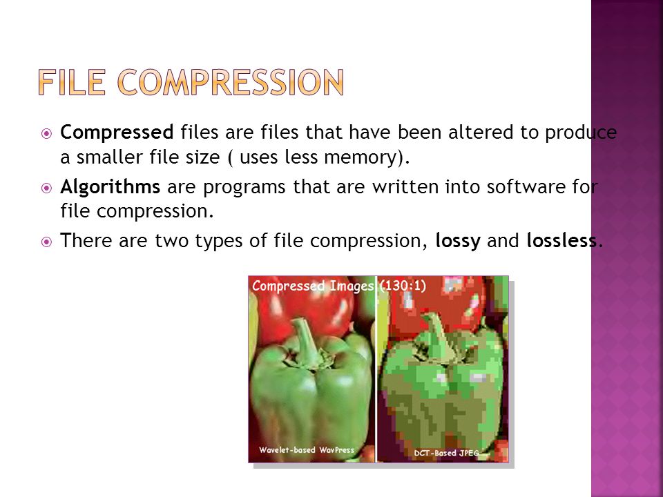  Compressed files are files that have been altered to produce a smaller file size ( uses less memory).