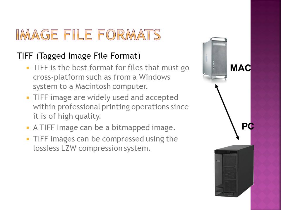 TIFF (Tagged Image File Format)  TIFF is the best format for files that must go cross-platform such as from a Windows system to a Macintosh computer.